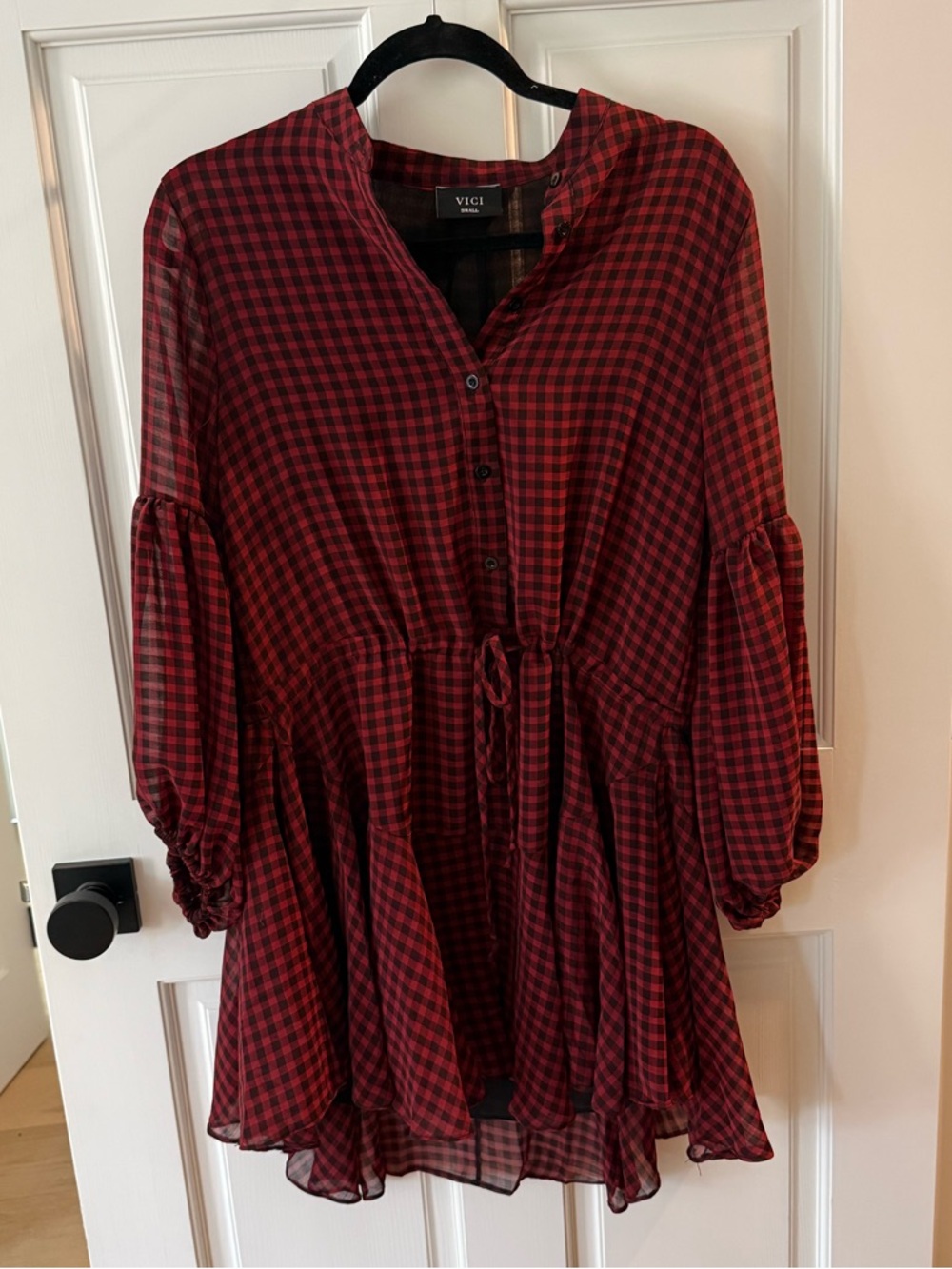 VICI Red and Black Checked Button-Up Mini Dress